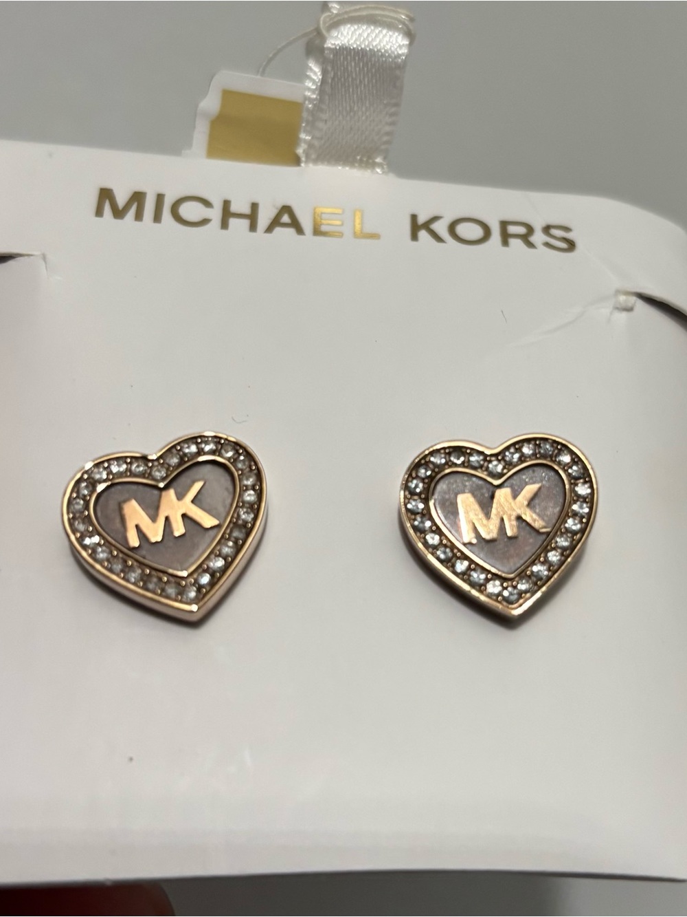 Michael Kors Gold and Tan Heart Logo Crystal Halo Stud Earrings -New!